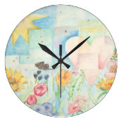 Sun, heart and Flower field watercolor Painting Round blue floral Wall clock