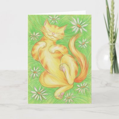 Sun Lover &#39;Happy Birthday&#39; greetings card by jessperry. A happy yellow tabby cat rolling around on the grass in the sun.An original coloured pencil 