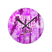 Sun, Sand, Surf, Love Athletic Beach art, magenta Wall Clocks