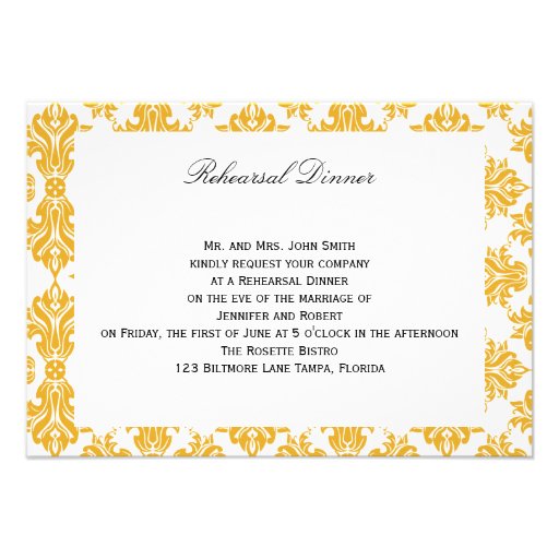 Sunflower and White Damask Wedding Rehearsal Personalized Invitations