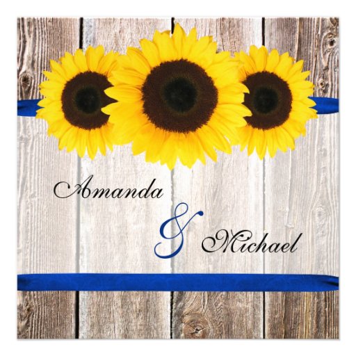 Sunflower Barn Wood Blue Ribbon Wedding Invite