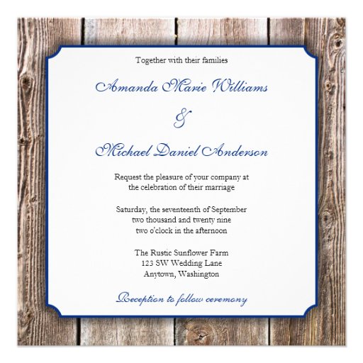 Sunflower Barn Wood Blue Ribbon Wedding Invite