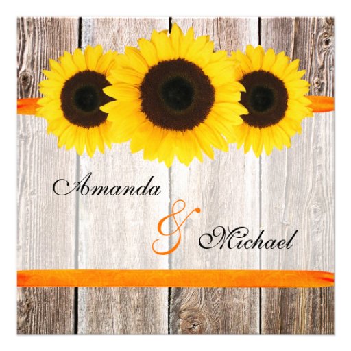 Sunflower Barn Wood Orange Ribbon Wedding Custom Invites