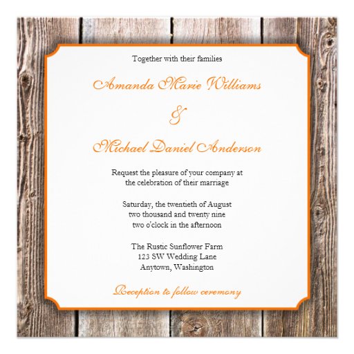 Sunflower Barn Wood Orange Ribbon Wedding Custom Invites