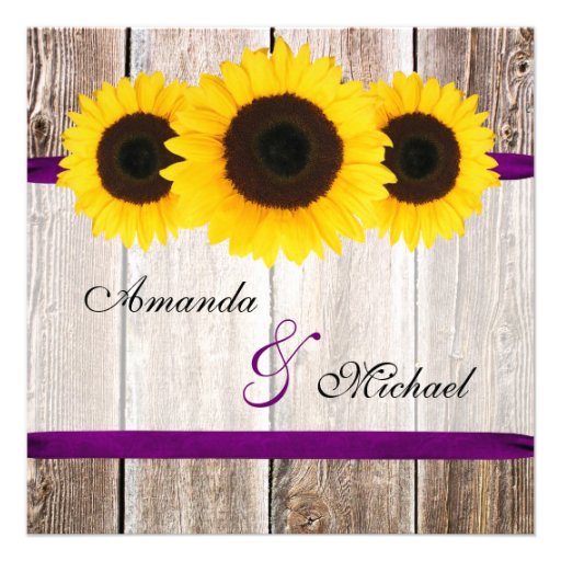 Sunflower Barn Wood Purple Ribbon Wedding Personalized Invite