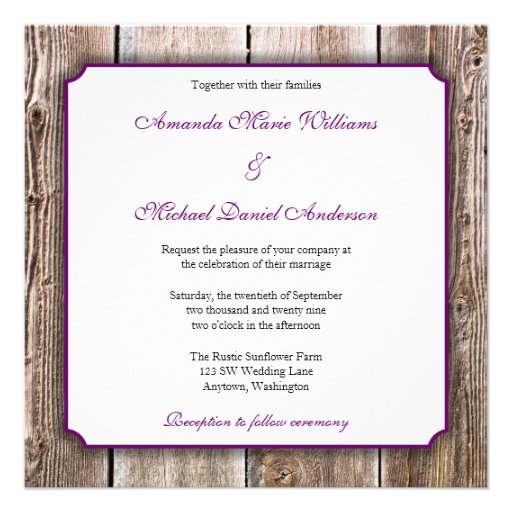 Sunflower Barn Wood Purple Ribbon Wedding Personalized Invite