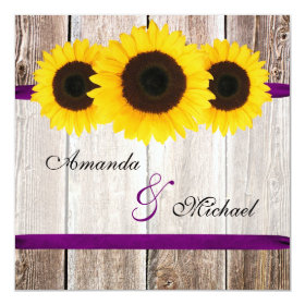 Sunflower Barn Wood Purple Ribbon Wedding 5.25x5.25 Square Paper Invitation Card