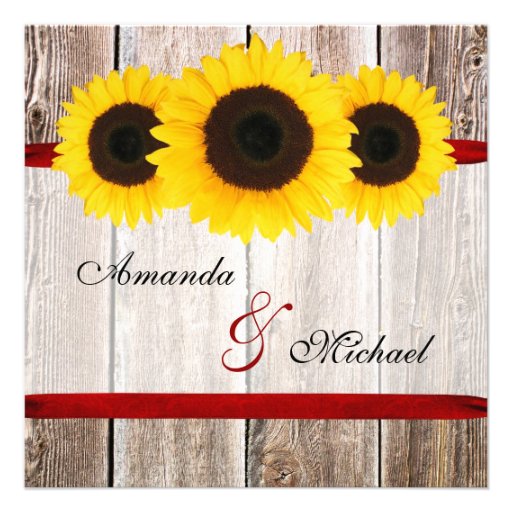 Sunflower Barn Wood Red Ribbon Wedding Invitations