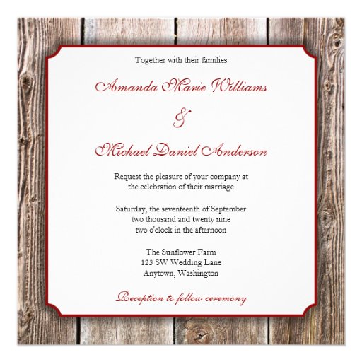 Sunflower Barn Wood Red Ribbon Wedding Invitations
