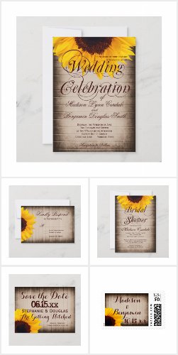 Sunflower Barn Wood Wedding Invitation Set