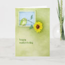 Sunflower Bird Mother's Day Card - Colored pencil illustration of a cute little bird sitting in a window of a green wall, holding a sunflower in its beak.