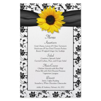 Sunflower Black White Damask Wedding Menu Card zazzle_flyer