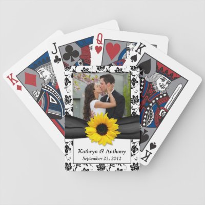 Sunflower Black White Damask Wedding Playing Cards
