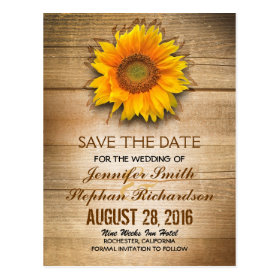 Sunflower blossom & barn wood save the date postcard