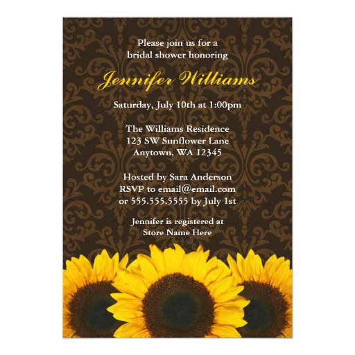 Sunflower Brown Damask Bridal Shower Personalized Announcement