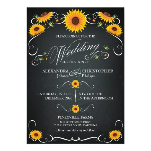 Sunflower Chalkboard Floral Vintage Bold Wedding Invite