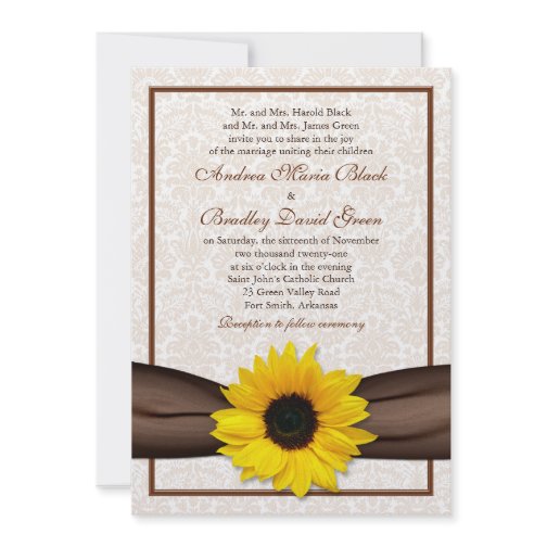 Sunflower Damask Floral Wedding Invitation