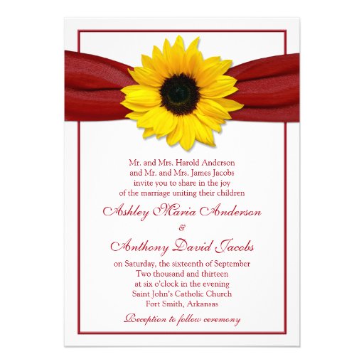 Sunflower Deep Red Ribbon Wedding Invitation