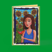 Sunflower Forest, Girl & Red Bird - greeting card