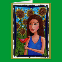 Sunflower Forest, Girl & Red Bird - greeting card cards