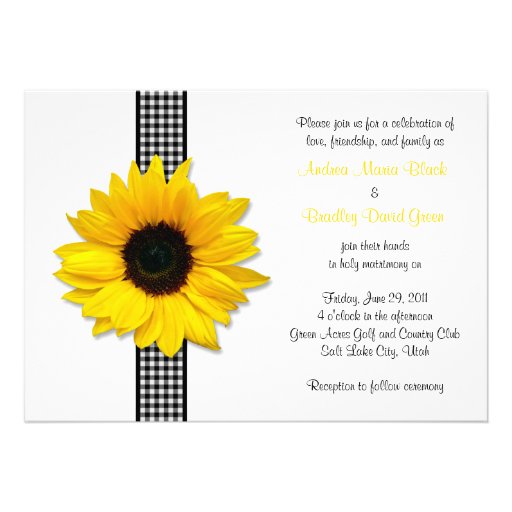 Sunflower Gingham Check Ribbon Wedding Invitation