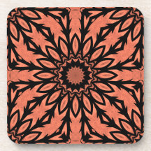 Sunflower kaleidoscope in peach and black beverage coaster