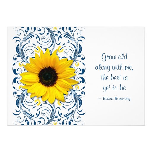 Sunflower Navy Blue Floral Wedding Invitation