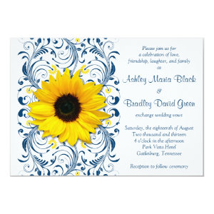 Sunflower Navy Blue Floral Wedding Invitation 5