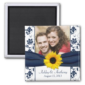 Sunflower Navy Blue White Damask Wedding Magnet