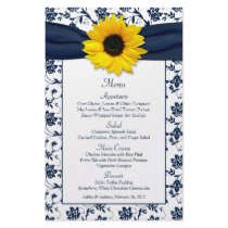 Sunflower Navy Blue White Damask Wedding Menu Card Custom Flyer