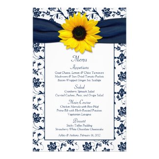 Sunflower Navy Blue White Damask Wedding Menu Card Custom Flyer