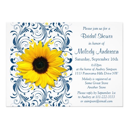 Sunflower Navy Blue White Floral Bridal Shower Custom Invitations