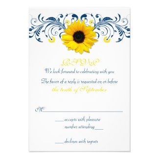 Sunflower Navy Blue Yellow Floral Wedding RSVP