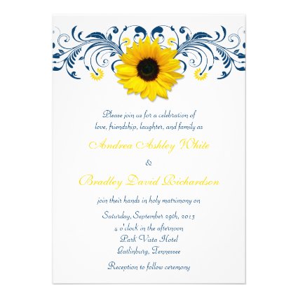 Sunflower Navy Blue Yellow White Floral Wedding Custom Invites