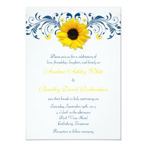 Sunflower Navy Blue Yellow White Floral Wedding 5x7 Paper Invitation Card