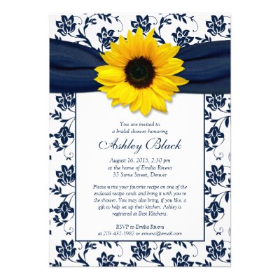 Sunflower Navy Damask Bridal Shower Invitation