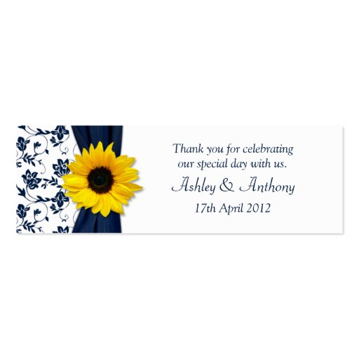Sunflower Navy Damask Floral Wedding Favor Tags Business Card (front side)