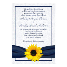Sunflower Navy Damask Floral Wedding Invitation