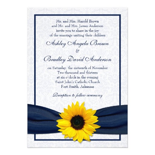 Sunflower Navy Damask Floral Wedding Invitation