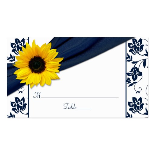 Sunflower Navy Damask Floral Wedding Place Cards Business Card Template