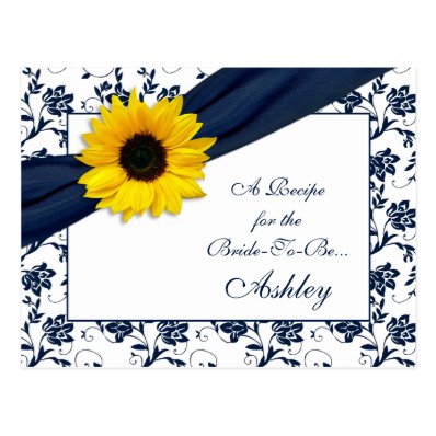 Sunflower Navy Damask Recipe Card for the Bride Post Card