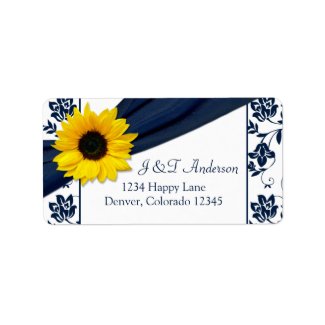 Sunflower Navy Damask Wedding Return Address Label
