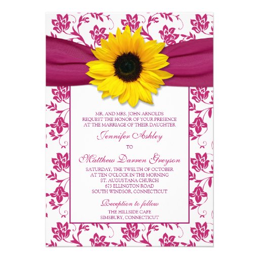 Sunflower Pink Damask Floral Wedding Invitation