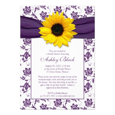 Sunflower Purple Damask Bridal Shower Invitation