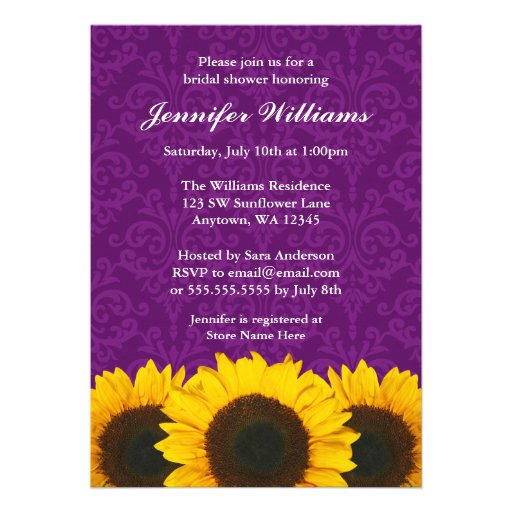 Sunflower Purple Damask Bridal Shower Custom Invite