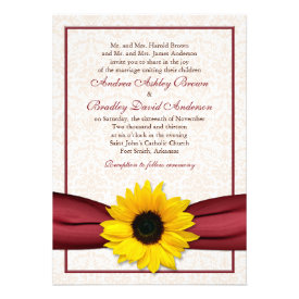 Sunflower Red Ribbon Damask Wedding Invitation