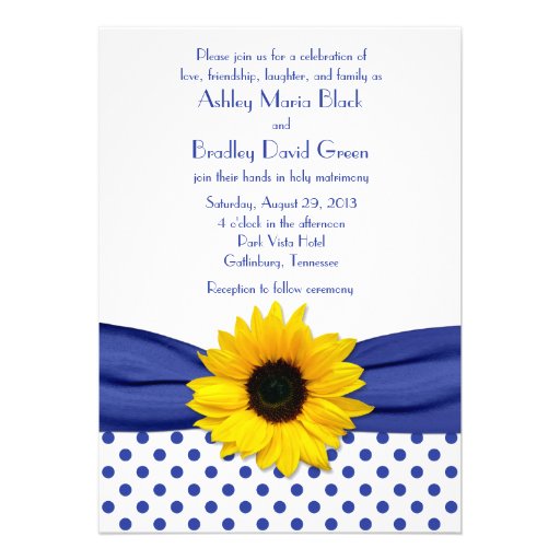 Sunflower Royal Blue White Polka Dot Wedding Custom Invite