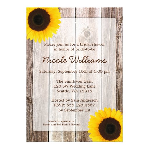 Sunflower Rustic Barn Wood Bridal Shower Personalized Invites