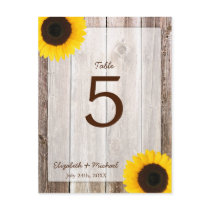 Sunflower Rustic Barn Wood Wedding Table Number Postcards