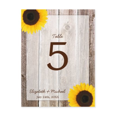 Sunflower Rustic Barn Wood Wedding Table Number Postcards